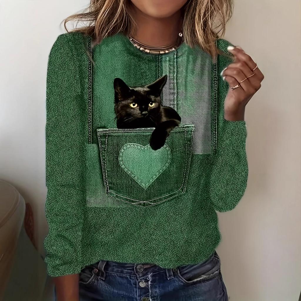 Round Neck 3D Cat Printed Top Casual Long Sleeved Women's T-shirts - Soft Medium Stretch Polyester Fabric Spring and Autumn Relaxed Fit Clothing