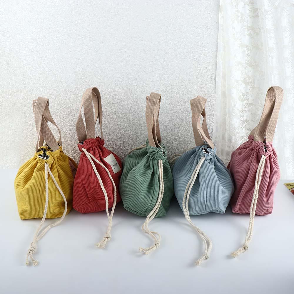 Canvas Thermal Corduroy Food Storage Bags Small Handbag Lunch Box Drawstring Picnic Tote Lunch Bag