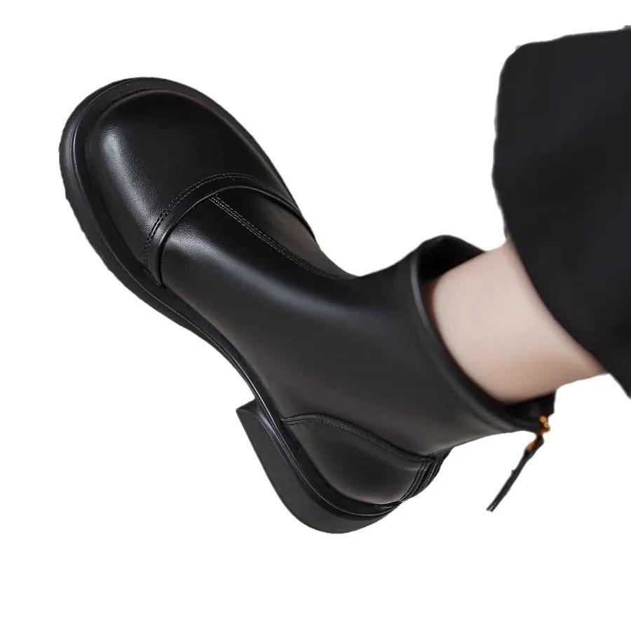 Fashion Ankle Boots for Women Fall/Winter Black Round Toe Low-heeled Zipper Booties British Style Chunky Heel Non Slip Women Botas Mujer