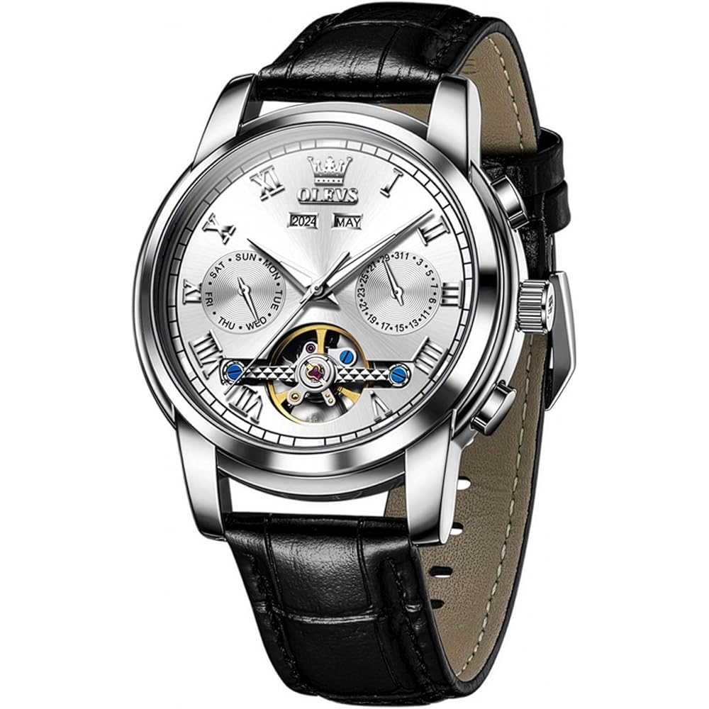 OLEVS Automatic Men s Watch Luxury Tourbillon Chronograph Big Face Calendar Moon Phase Mechanical Waterproof Black Strap