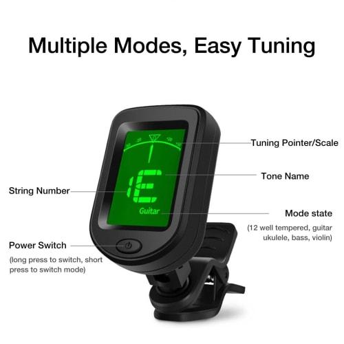 Portable and Compact Clip-on Guitar Tuner, Multifunctional Electronic Tuner with LCD Display, Mini Size for Acoustic Guitar, Ukulele, Violin, Bass, an