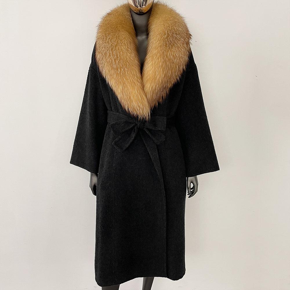 OFTBUY Kabát z pravé kožešiny 2024 Nadměrný dámský svrchní oděv Zimní dámská bunda s límcem z přírodní liščí kožešiny Kapuce Kašmírová vlněná směs Kabát