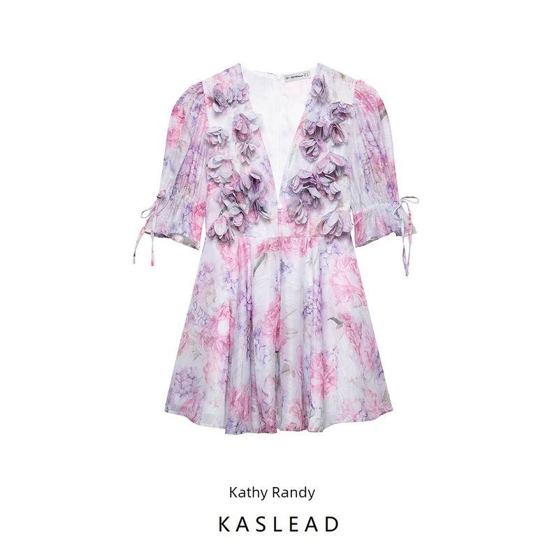 Kaslead New Women Clothes Western Style Fashion Simple Casual Chiffon Floral Dress