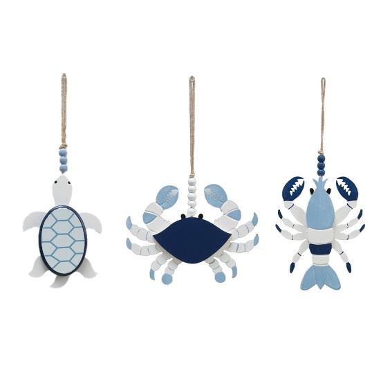 Handmade Wooden Beach Hanging Ornaments Rustic Lobster Crab Turtle Marine Animal Decor Coastal Ocean Theme Wall Art with Hemp Rope for Home Living