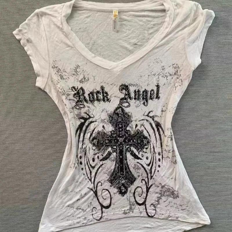 Womens Y2K Rock Angel Cross Graphic V Neck T Shirt Slim Fit Gothic Top M