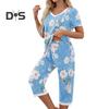 2 Pçs/Conjunto Pijamas Femininos Verão Estampa Floral Decote Em V Manga Curta Camisa Elástica Cintura Curta Calças Curtas Roupa de Casa Roupa Casual Pijamas de Primavera