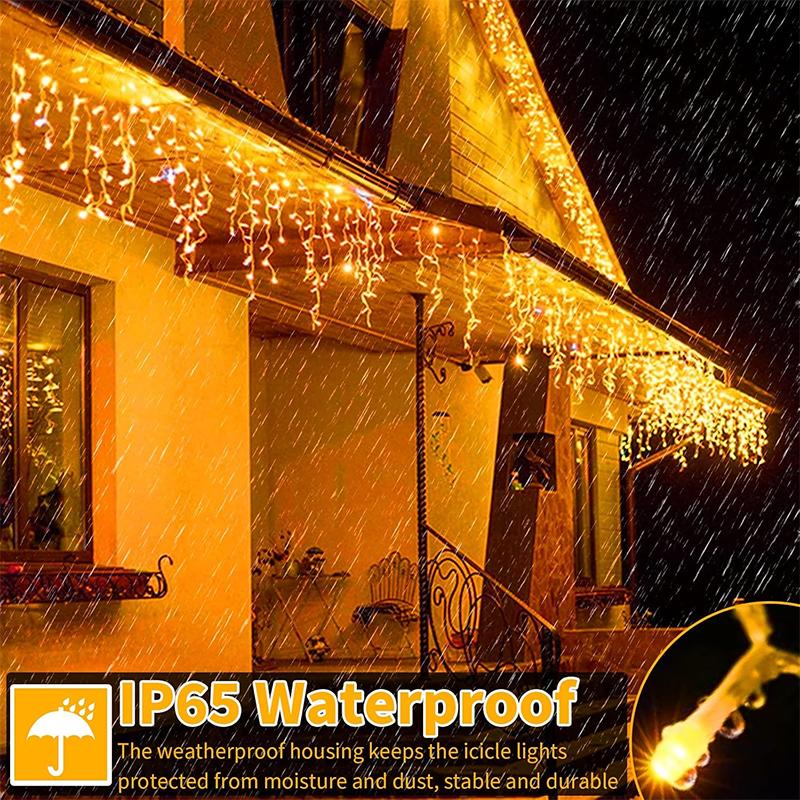 Solar Curtain Icicle Lights Outdoor Eaves Decoration Lights 8 Lighting Modes Wedding Christmas Party Garden Fairy Lights String