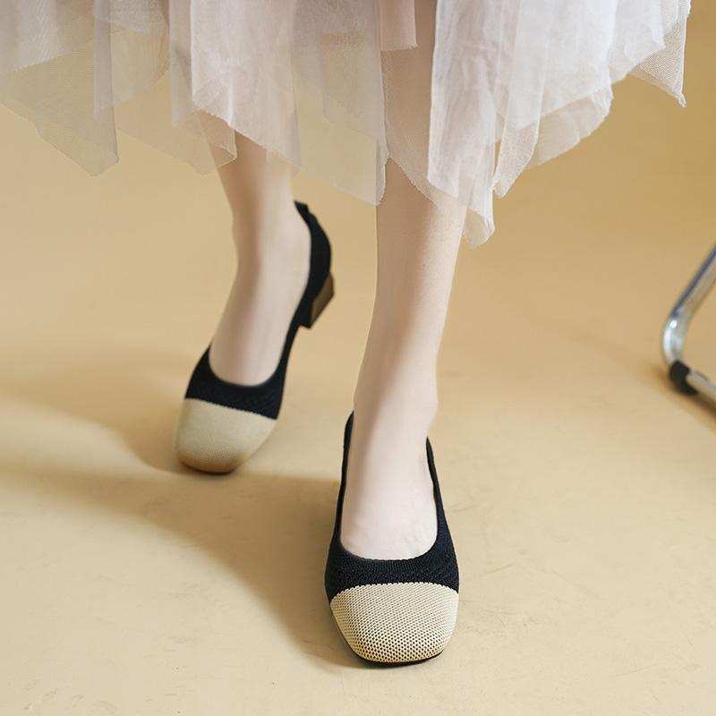 High Heels for Women 2025 New Square Headneck Solid Color All-match Single Shoes Slip On Breathable Knit Women Work Shoes