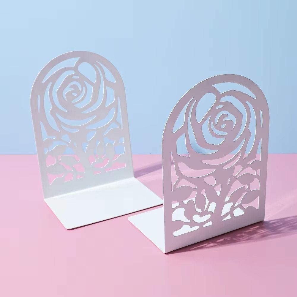 2Pcs Metal Rose Bookends Hollow Design Book Stoppers Durable Bookshelf Organizer Bookshelf