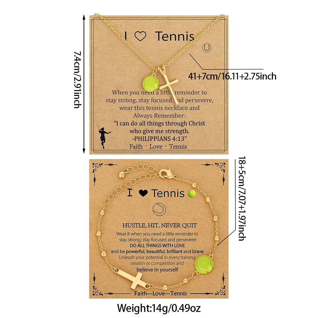 Tennis Element Cross Pendant Necklace, Trendy and Personalized Layered Bracelet Set