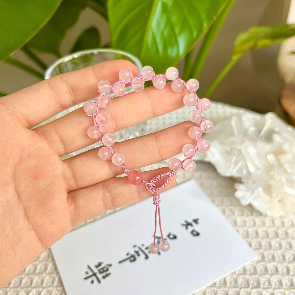 Hand-Woven Pink Crystal Grape Bracelet, Adjustable Size, Fresh Design