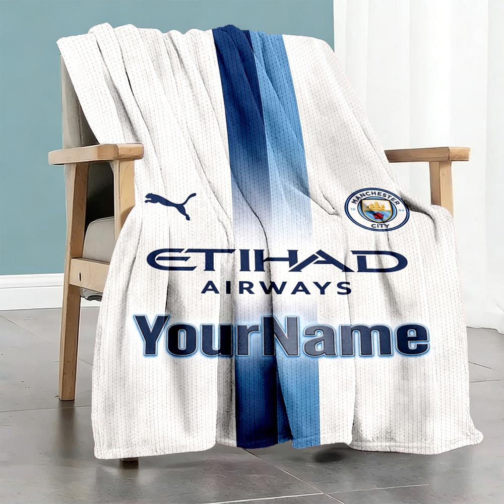 Manchester City Customize Text Blanket Cozy Customizable Blanket Ultra-Soft Great for Office Chair Living Room Home Decor Bedding
