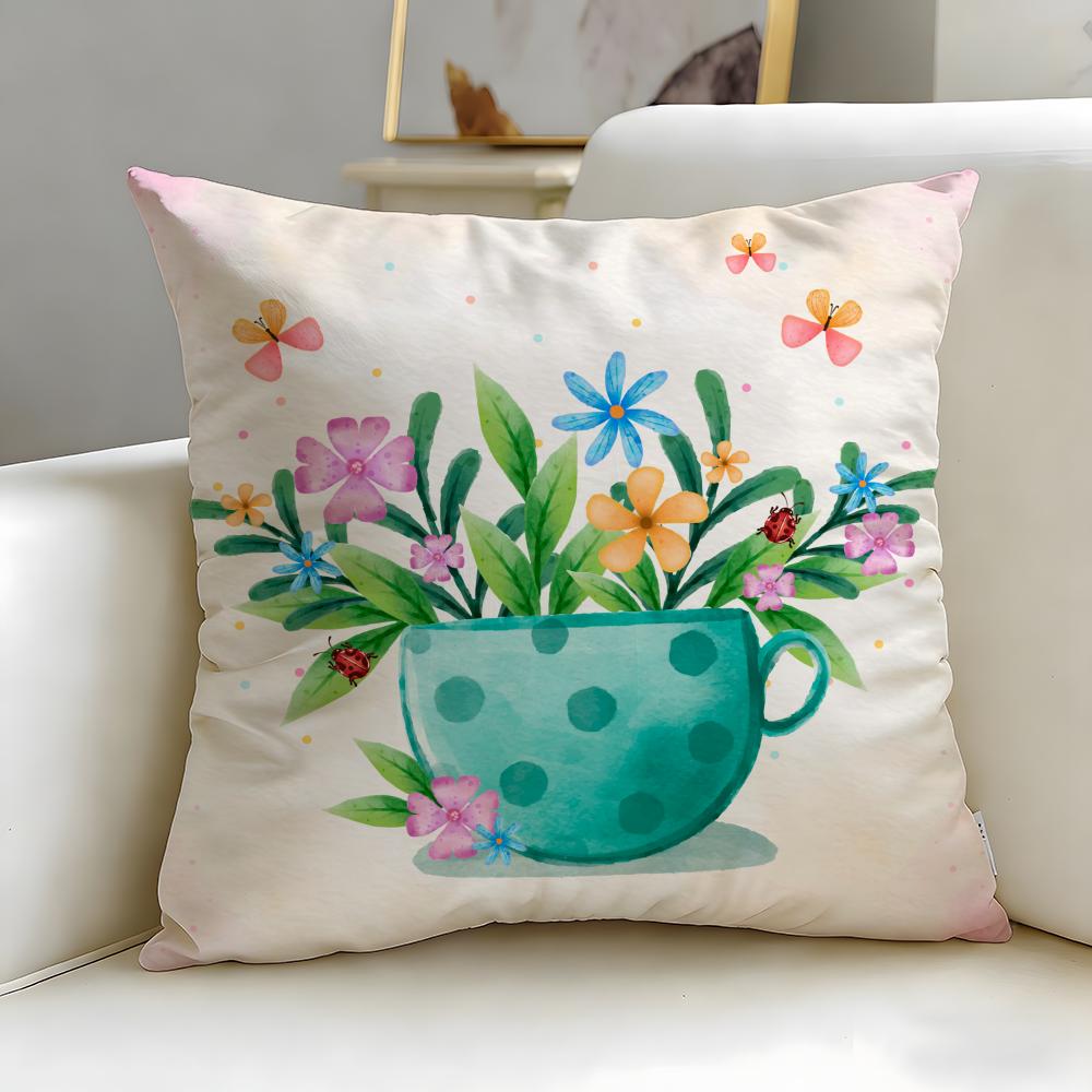 Trendy Ccup of Flowerses Cushion Cover Soft  EasyWash Pillow Case  Versatile for Couch Bed Travel and Office