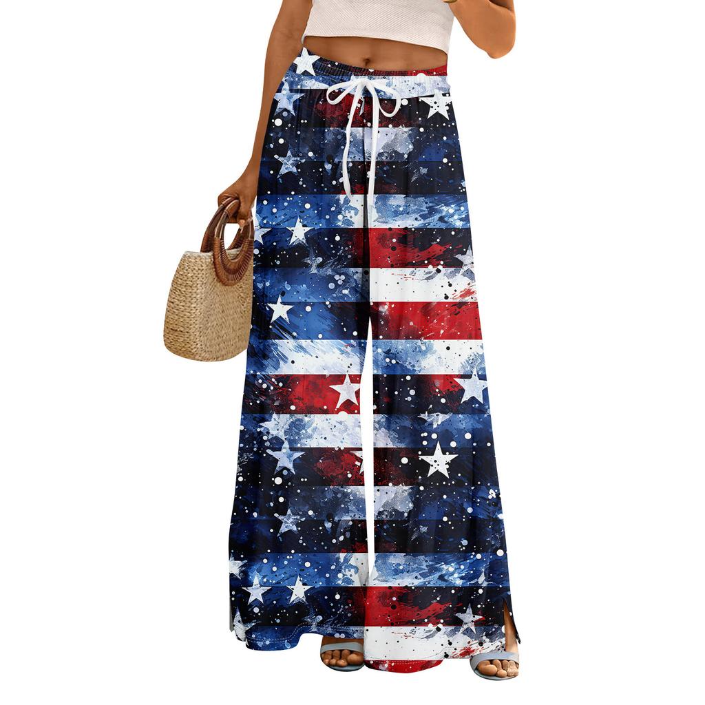 Damen Sommer Boho Palazzo Hose Hohe Taille Weites Bein Independence Printing Freizeithose mit Taschen