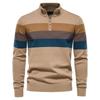 Men's Khaki Green Patchwork Stripe Half-Zip Knit Sweater