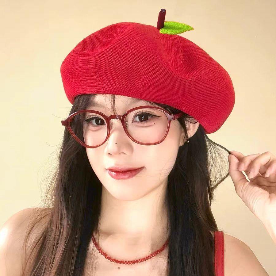 Women's Hat Painter Hat Cute Little Leaf Beret Hat Fruit Apple Orange Beret Spring and Summer Breathable