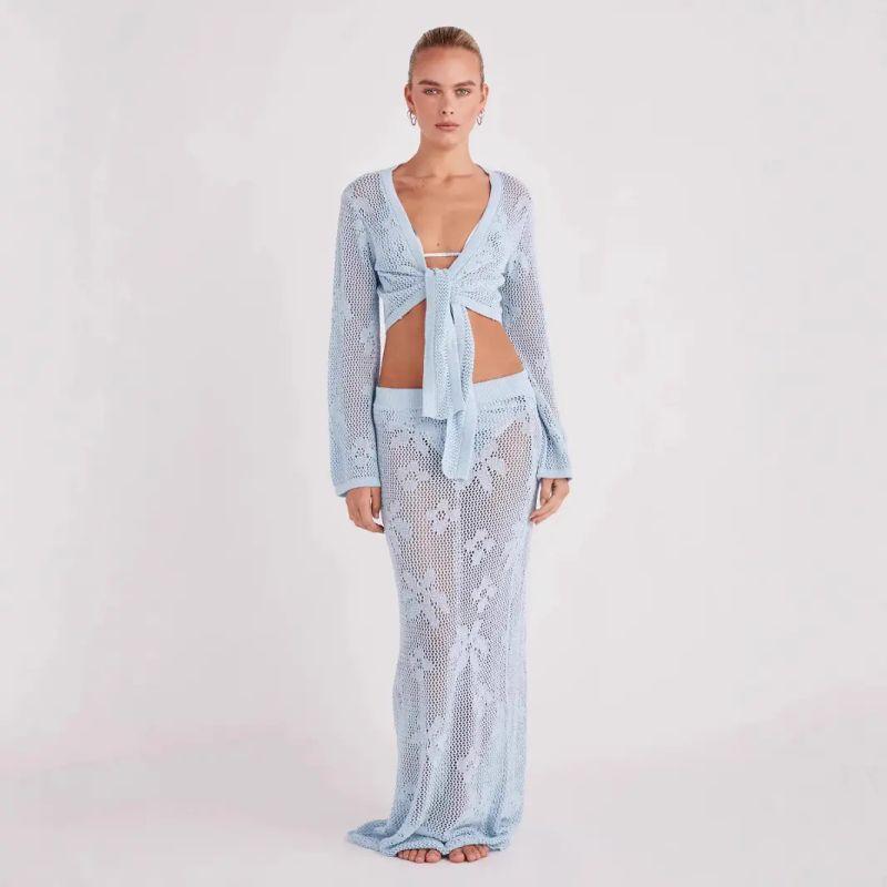 

Hollow out Long sleeve Knit two piece Short Top European and American Beach Seaside Sexy Skirt Fashion Set Light Blue L