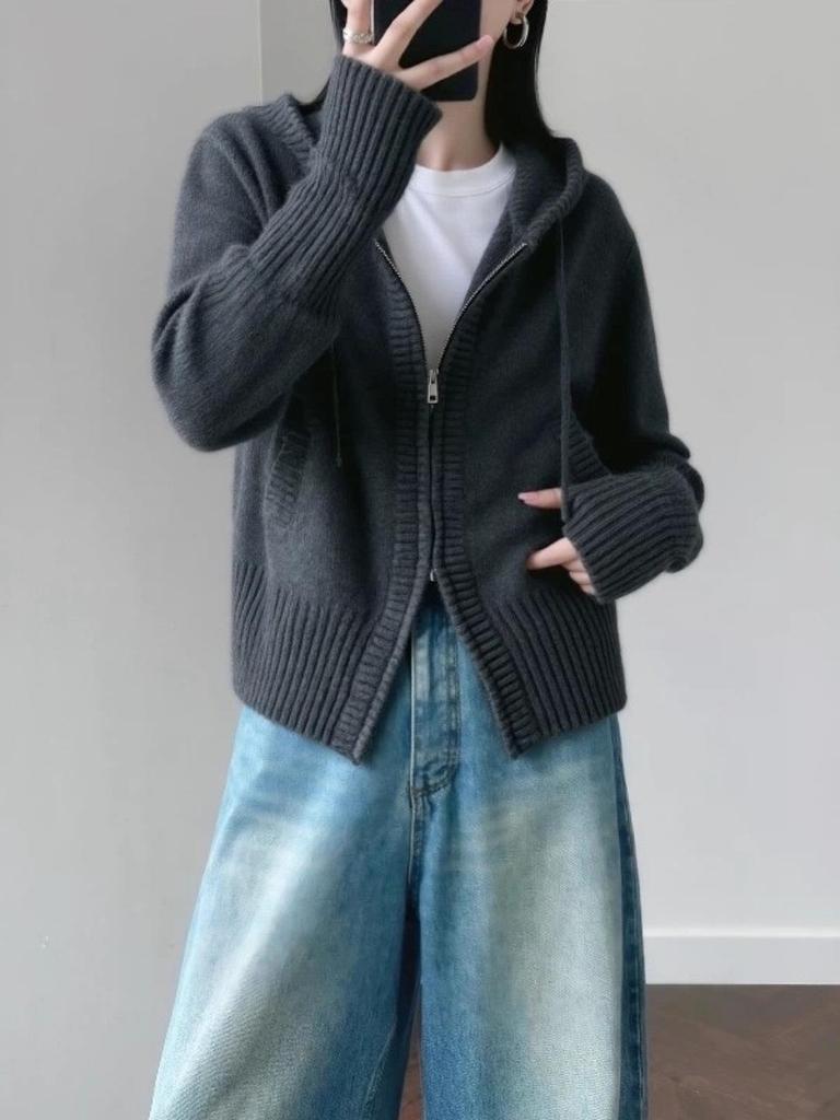 Women's Long Hooded Pure Wool Knit Cardigan with Double Zipper and Pockets