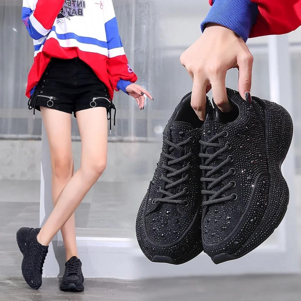Fashion Top Quality Women Walking Shoes 2025 New Women's Casual Shoes Thick Sole Rhinestone Breathable Shiny Daddy Shoes Women Sneakers