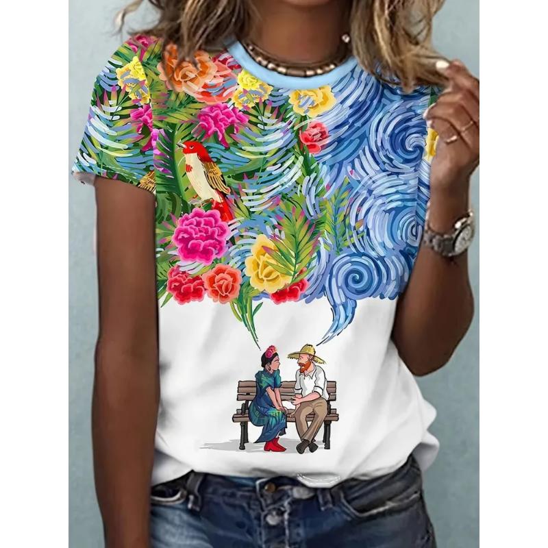 Modisches Damen Rundhals-T-Shirt Rundhals Kurzarm 3D Farbdruck