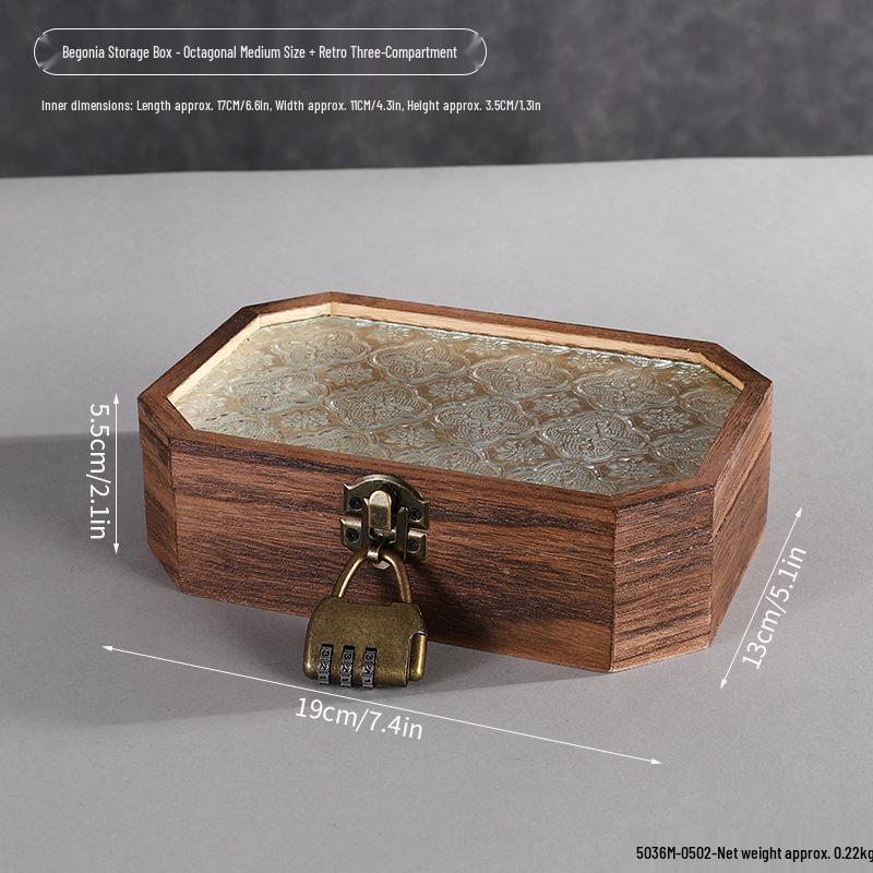 Retro Begonia Glass Lid Wooden Storage Box for Cosmetics, Snacks, Candy, and Documents - Dustproof and Multifunctional