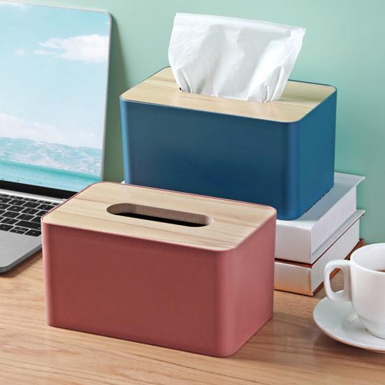 Tissue Box with Solid Wood Lid, Waterproof Design, Long Paper Opening Tissue Dispenser for Home Office