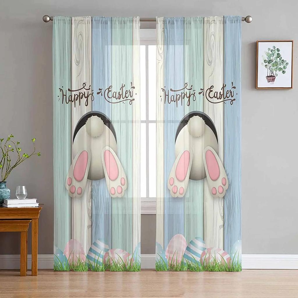 Easter Bunny Tail Wood Curtain Colorful Eggs Happy Transparent Voile Curtains Living Dining Room Bedroom Drapes Light Filtering For Sleeping Area