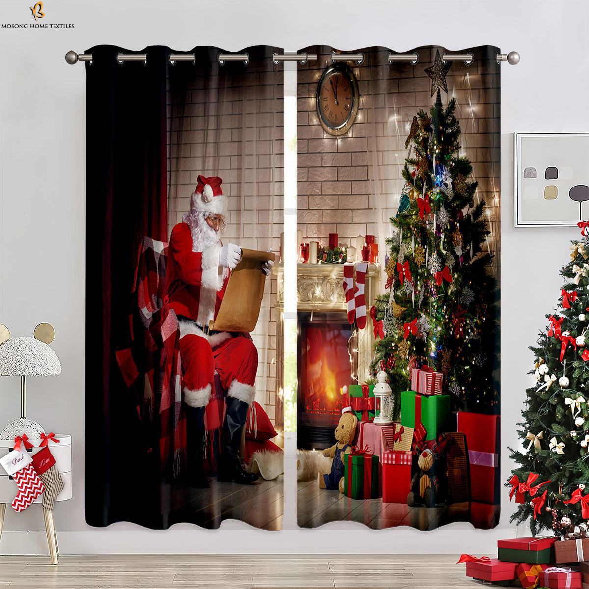 

Рождественская собака Окно Санта-Клаус 3D печать Шторы Спальня Ресторан Праздничная вечеринка Украшение Шторы 2 штуки W50xH130(CM)x2PCS&Rod pocket