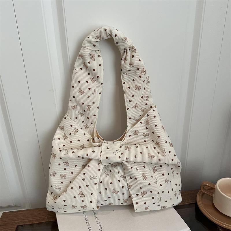 Bow Heart Polka Dot Corduroy Shoulder Bags for Women Large Capacity Ladies Casual Tote Lightweight Female Underarm Bag Handbags