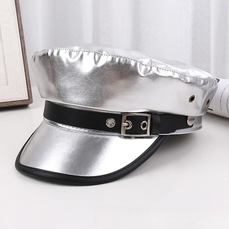 Punk Stil Flache Kappe Herren und Damen Persönlichkeit Leder Lange Nieten Leopardenmuster Silberne Kappe