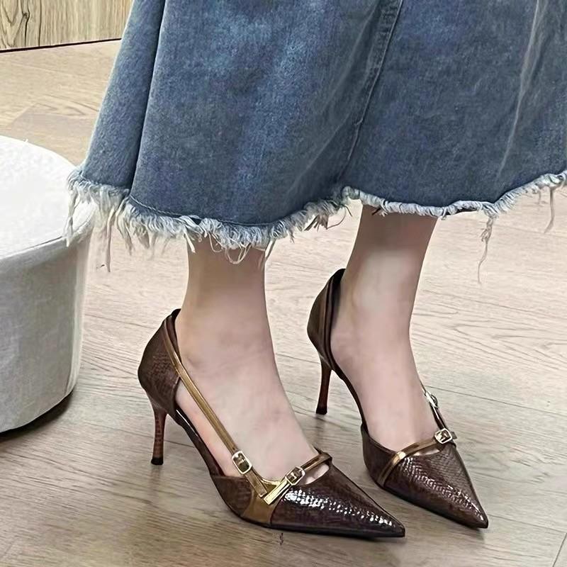 Niche design pointed thin heel snakeskin pattern high heels women's 2025 new foreign trade spice girl belt buckle hollow sandals