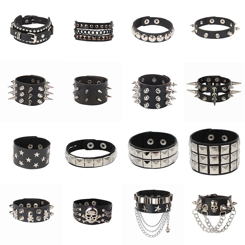 New PU Leather Bracelet Punk Bracelet Adjustable Skull Goth Cuff Bracelet Gothic Rivet Buckle Wristband for Men Women