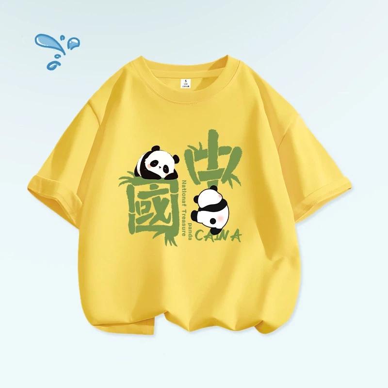 

Cotton Chinese Style Panda Print T-Shirt For Kids/Adults Casual Short Sleeve Top XXXL жовтий
