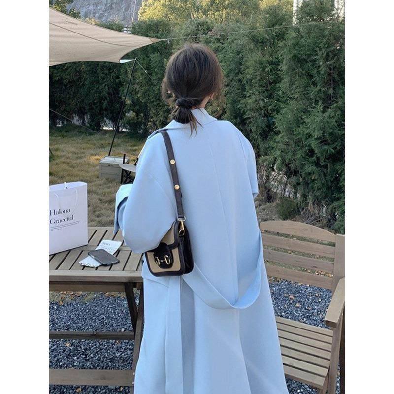 Smog Blue Windbreaker Jacket for Women Spring and Autumn New Korean Mid-length Ladylike Temperament Popular Coat