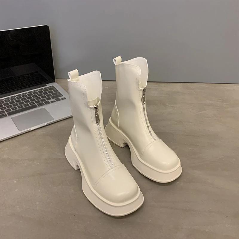 Fashion Elegant With Medium Heels Women's Ankle Boots Round Toe Female Short Shoes Black Large Size Warm Trend 2024 On Offer Y2k Booties