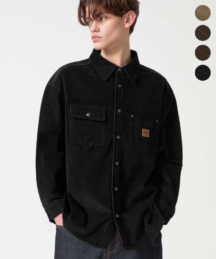 TRILLION Leather Patch Corduroy Work Shirt_4Color