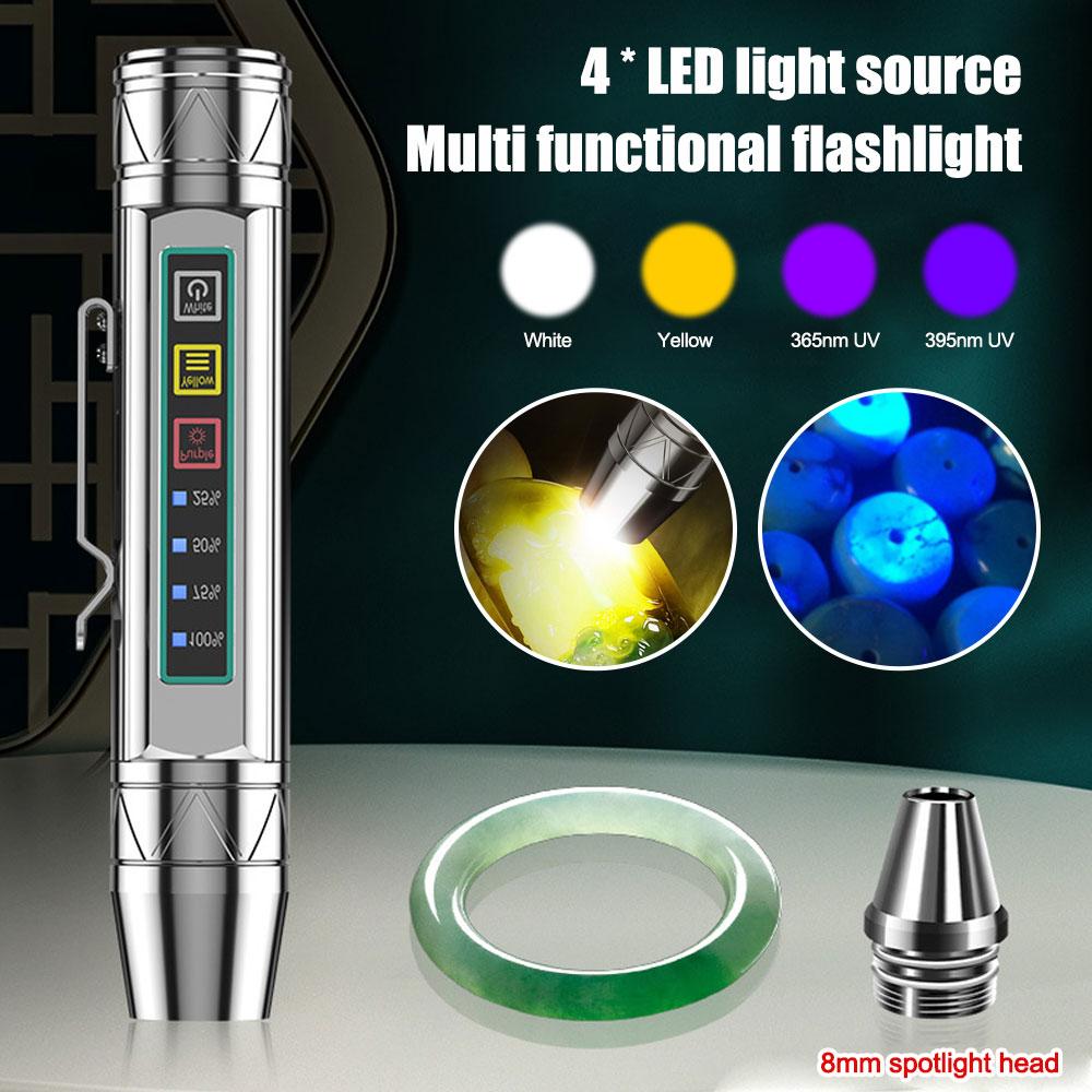 4 LED Light Sources Flashlight 365nm+395nm+Yellow+White USB Rechargeable Money Pet Urine Ore Cat Fluorescent Marker Check Light