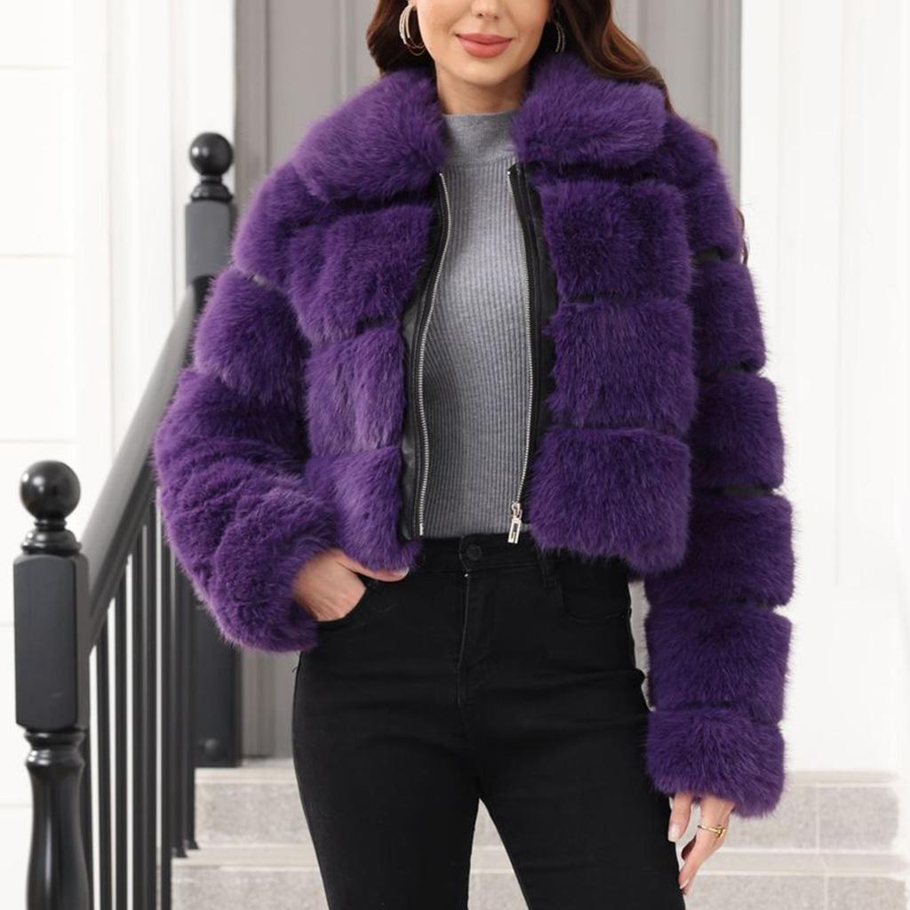 Women's Fashionable Warm Long Sleeve  Solid Color Furry Collar Coat