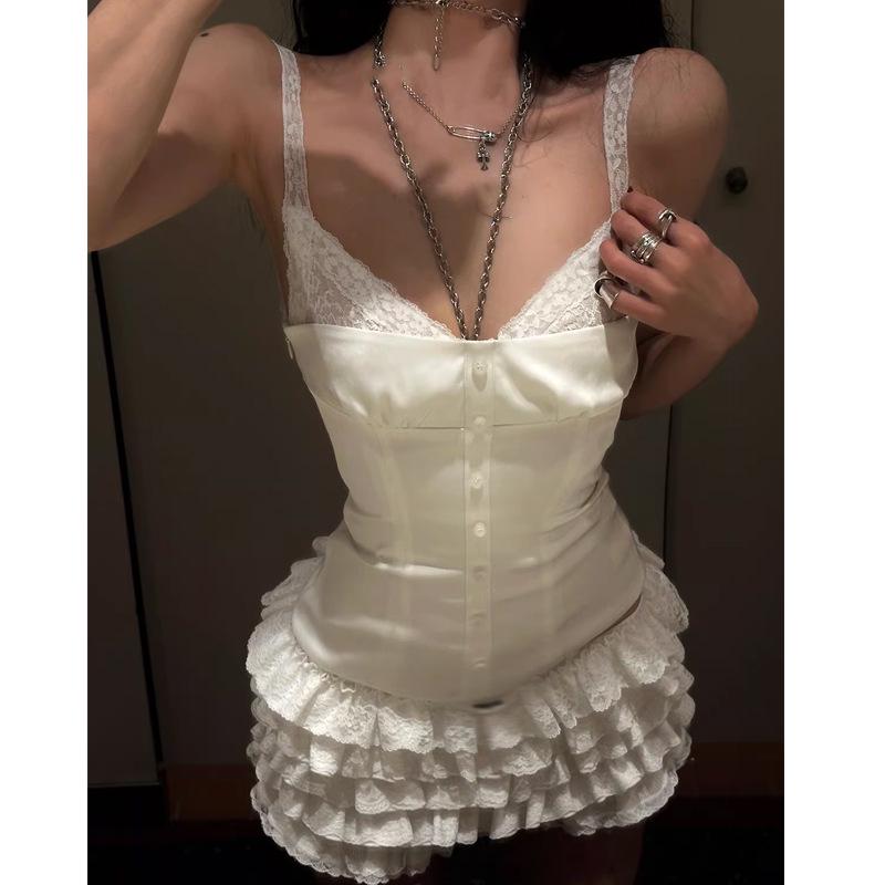 Темпераментная Девушка Белый Кружевной Топ и Юбка с Высокой Талией Комплект Small