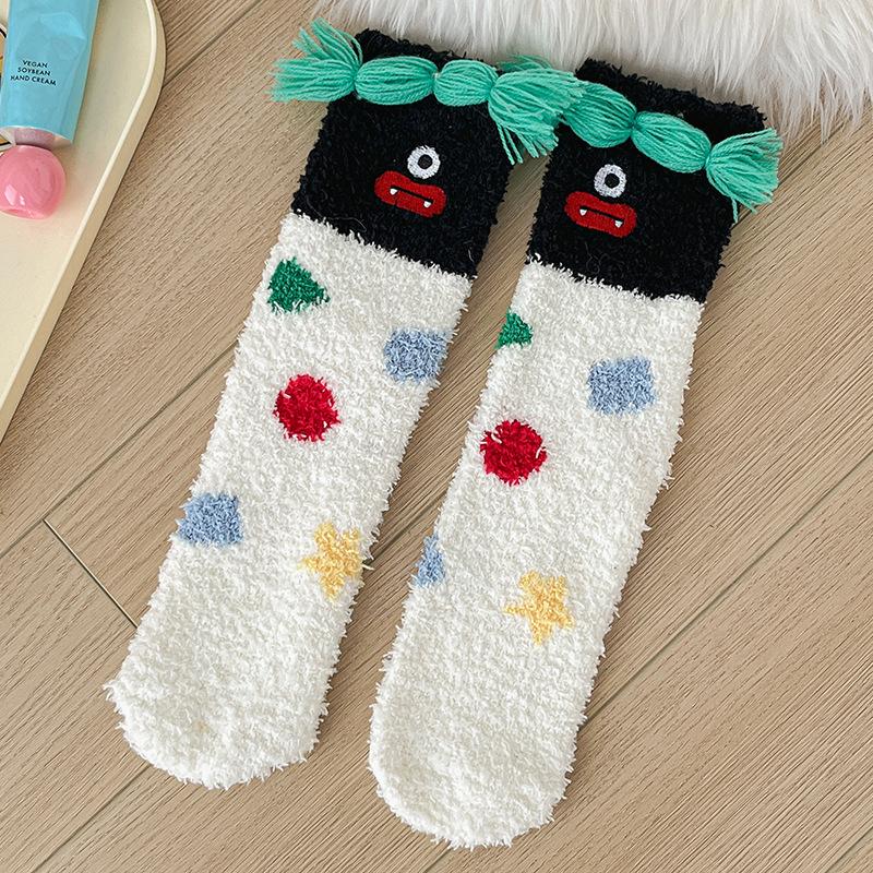 Cartoon Ausdruckssocken Mittelrohrsocken Saison Verdickt Warm Schlaf-Bodensocken Niedliche Plüsch Korallenfleece Socken