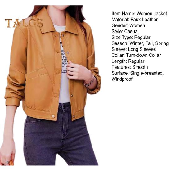 Women Jacket Faux Leather Smooth Surface Turn-down Collar Single-breasted Long Sleeves Pockets Retro Motorcycle Coat Office Commuting Travel Outerwear
