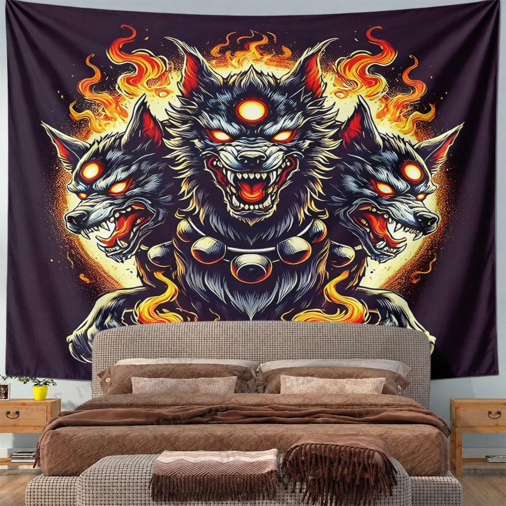 "Fiery Three-Headed Wolf Design" Pattern Wall Hanging Tapestry Decorative Tapestry Home Decor for Bedroom and Living Room