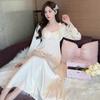 Ice silk nightdress women's long-sleeved pajamas with chest pads Spring and Autumn new pure desire wind knee long dress simulation silk loungewear