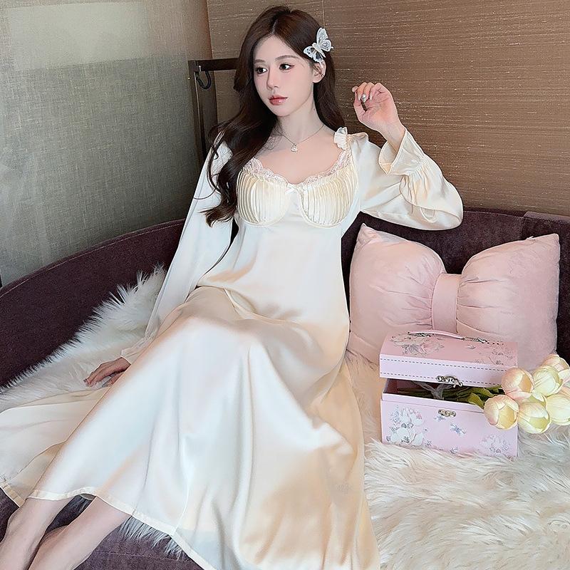 Ice silk nightdress women's long-sleeved pajamas with chest pads Spring and Autumn new pure desire wind knee long dress simulation silk loungewear