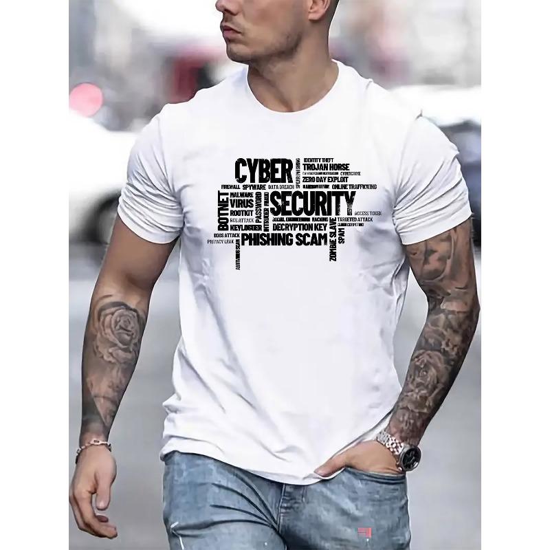 Men'S Cyber Security T-Shirt - Black Casual Short Sleeve Crew Neck Tee with White Text & Barcode Design, Lightweight for Summer