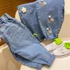 Spring and Autumn Girls Cartoon Embroidery Regular Straight Jeans, Small Feet, Children's Long Pants, Small and Medium-sized Children