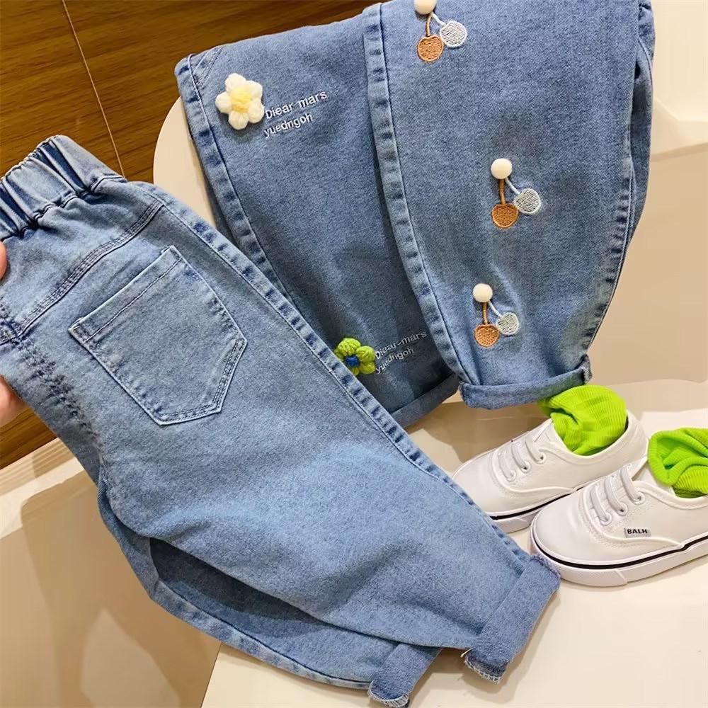 Spring and Autumn Girls Cartoon Embroidery Regular Straight Jeans, Small Feet, Children's Long Pants, Small and Medium-sized Children