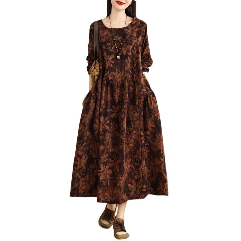 Real Autumn New Retro Loose Large Size Splicing Cotton and Linen Printing Round Neck Long Sleeve Dress Women's Long Dress