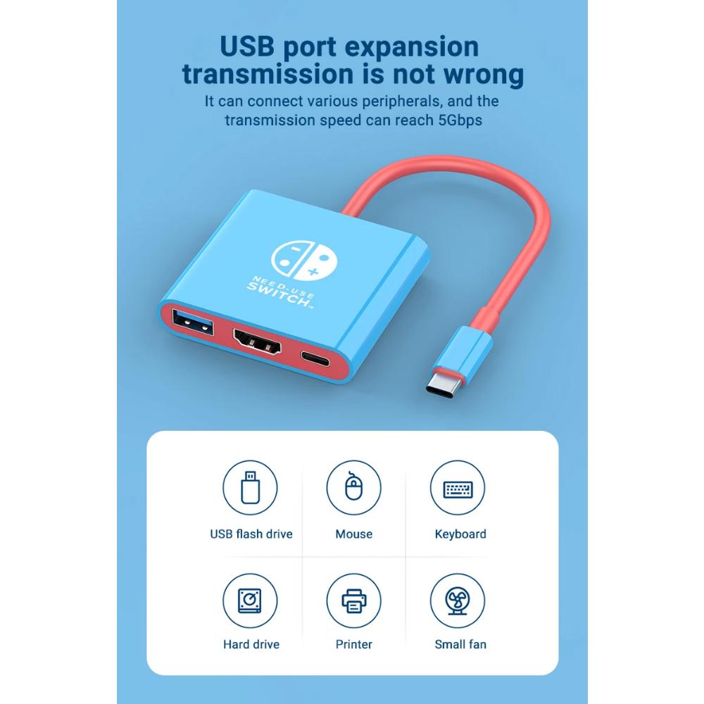 FOR Portable Nintendo Switch Docking Station TYPE-C Hub with HDMI and USB 3.0 Perfect for Travel and Gaming
