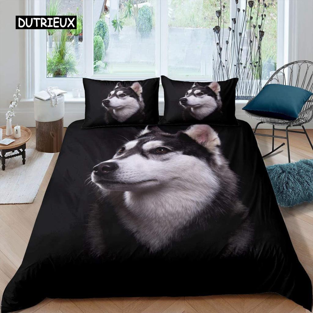 Husky Duvet Cover Puppy Pet Flower Floral Jungle Natural Scenery Cute Animal Bedding Set Polyester Double Queen King Quilt Cover
